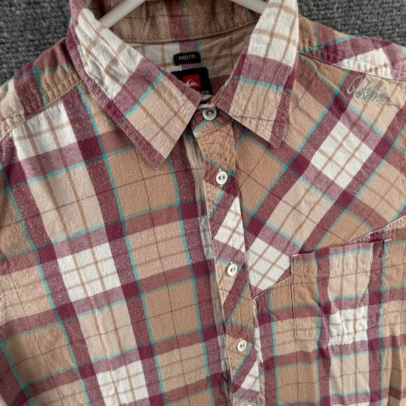 Quiksilver Beige Red Plaid Mid Medium Pocket Surf Mens Shirt Long Sleeve Flannel - Picture 2 of 12